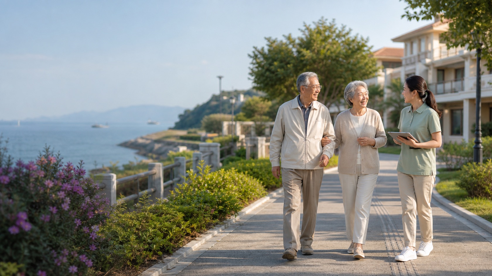 长者在滨海旅居养老社区散步